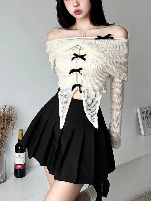 Long-Sleeve Off-Shoulder Plain Asymmetrical Bow Crop Knit Top Minimalist Knit Blouse