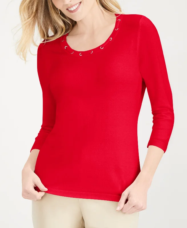Grommet-Trimmed Knit Top Fashion Knit Shirt