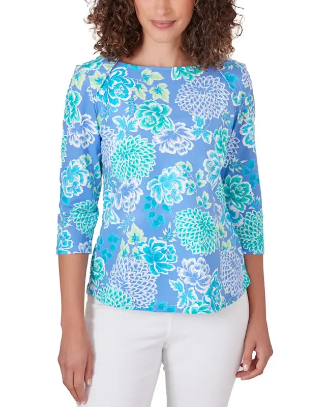 Ruby Rd. Womens Bali Blue Chrysanthemum Knit Top Pink Knit Top
