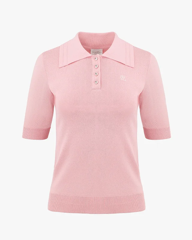 Wide Collar Cropped Knit Top - Pink Sophisticated Knit Shirt