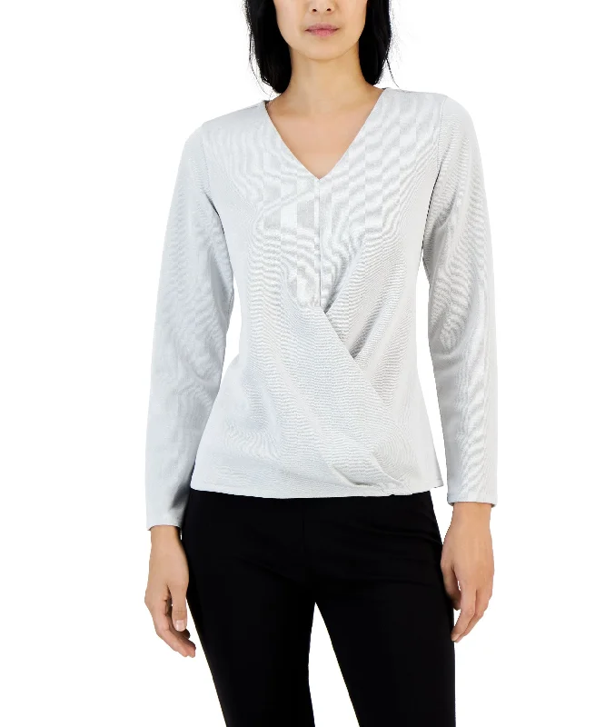 Alfani Womens Metallic Wrap Front Knit Top Emerald Green Knit Top