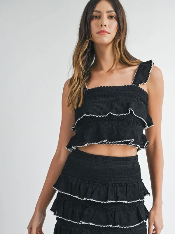 TIERED RUFFLED KNIT TOP - BLACK/WHITE Daily Wear Knit Tee