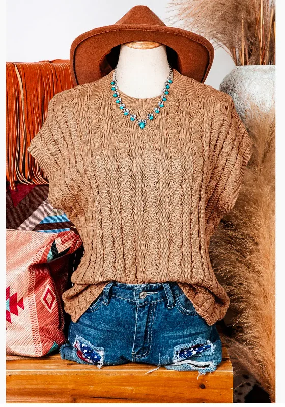 Crew Neck Cable Knit Top Scoop Neck Knit Tee