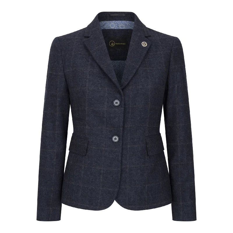 Women's Navy Blue Wool Blend Tweed Checkered Blazer Waistcoat Women's Designer Suit