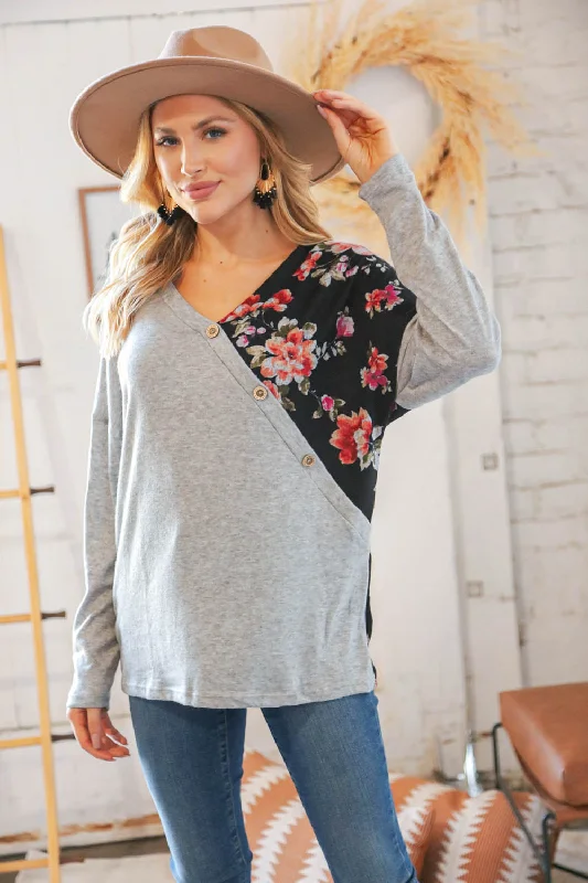 Grey & Black Floral Surplice Button Knit Top Pastel Knit Top