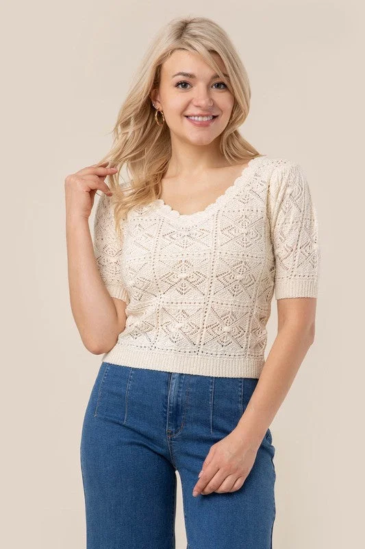 Crochet knit top V Neck Knit Shirt