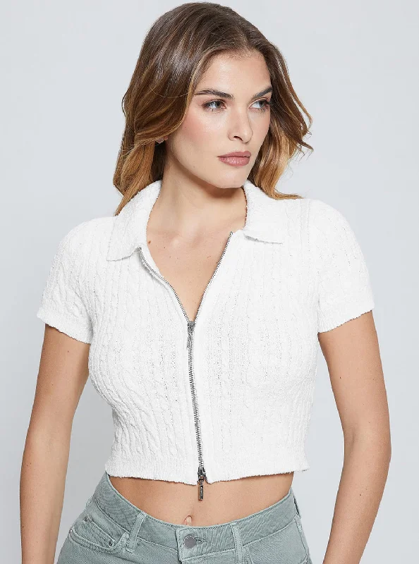 White Two Way Zip Kora Knit Top High-End Knit Shirt