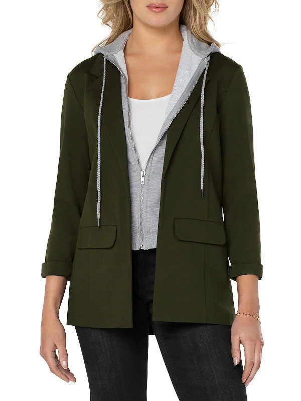 Womens Hooded Mixed Media One-Button Blazer Women's High-End Blazer