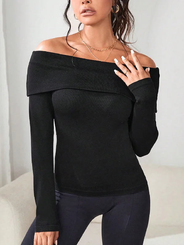 Off-Shoulder Long Sleeve Soft Knit Top Soft Knit Shirt