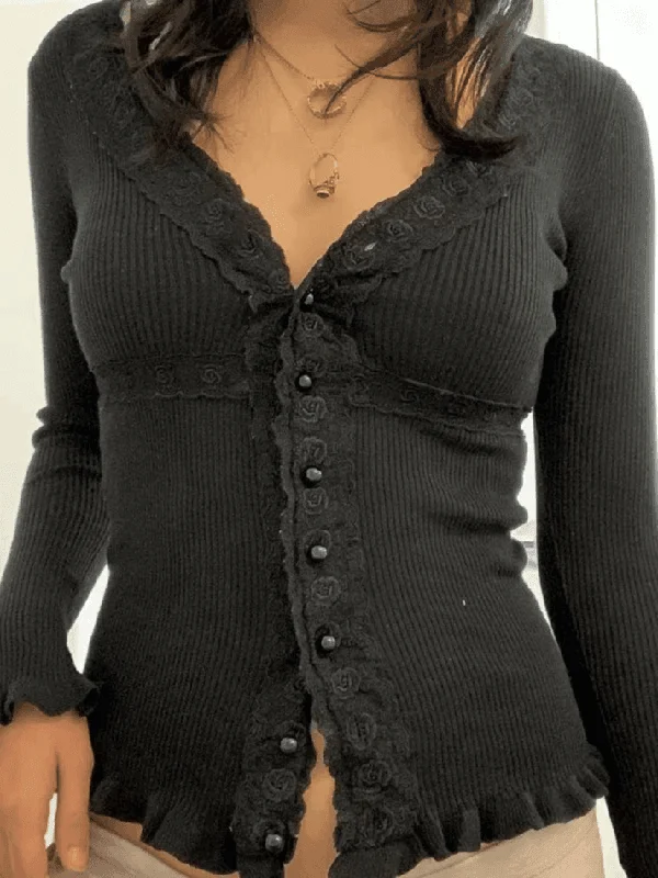 Front Buttons Lace Panel Knit Top Metallic Knit Tee