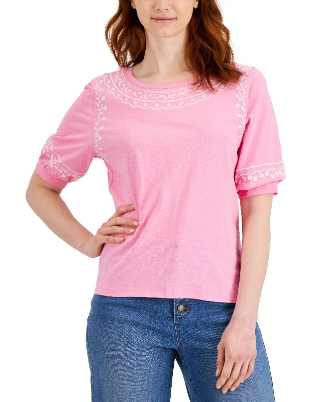 Charter Club Embroidered Elbow Sleeve Knit Top Animal Print Knit Blouse