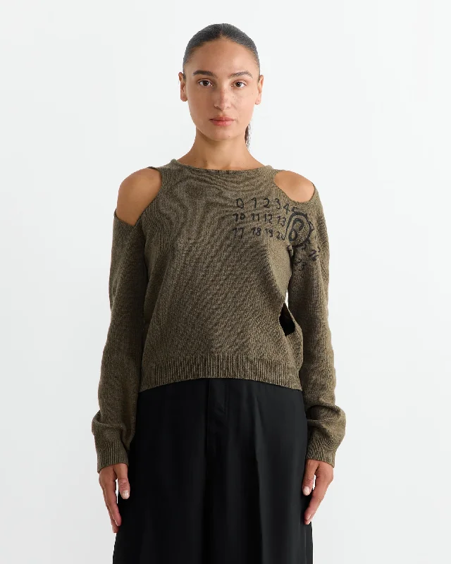 Logo Knit Top in Brown Olive Green Knit Blouse