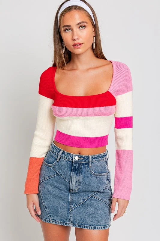 Long Sleeve Color Block Stripe Knit Top Short Sleeve Knit Top