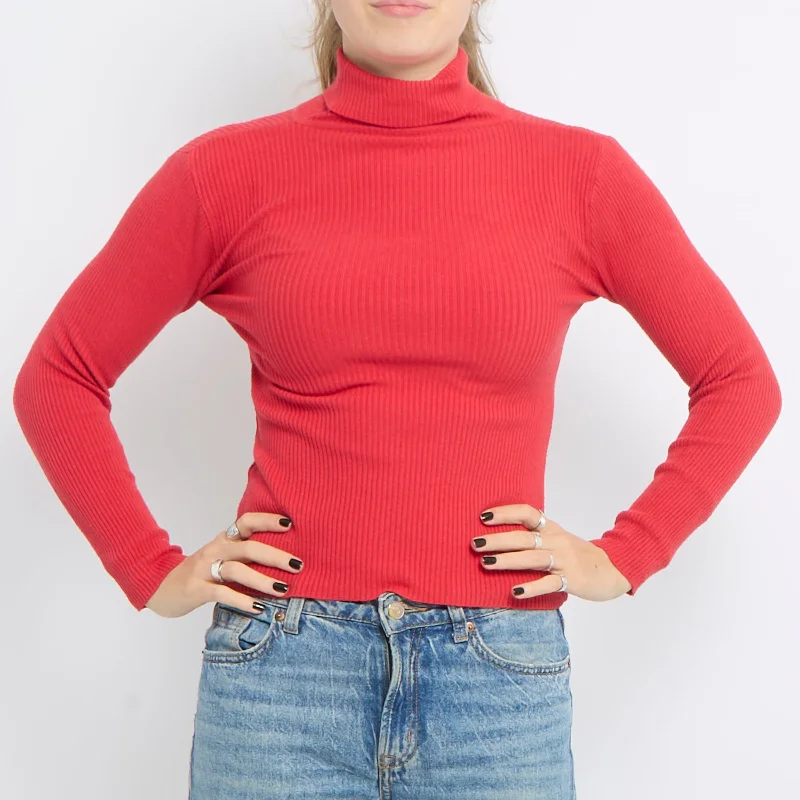 Polo Neck Ribbed Knit Top - UK 10 Daily Wear Knit Tee