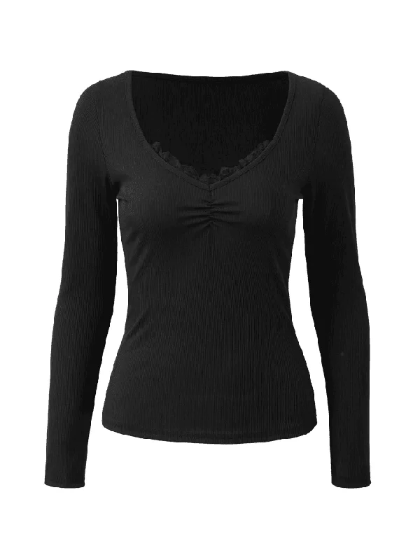 Lace Trim Black Long Sleeve Knit Top Women's Knit Top