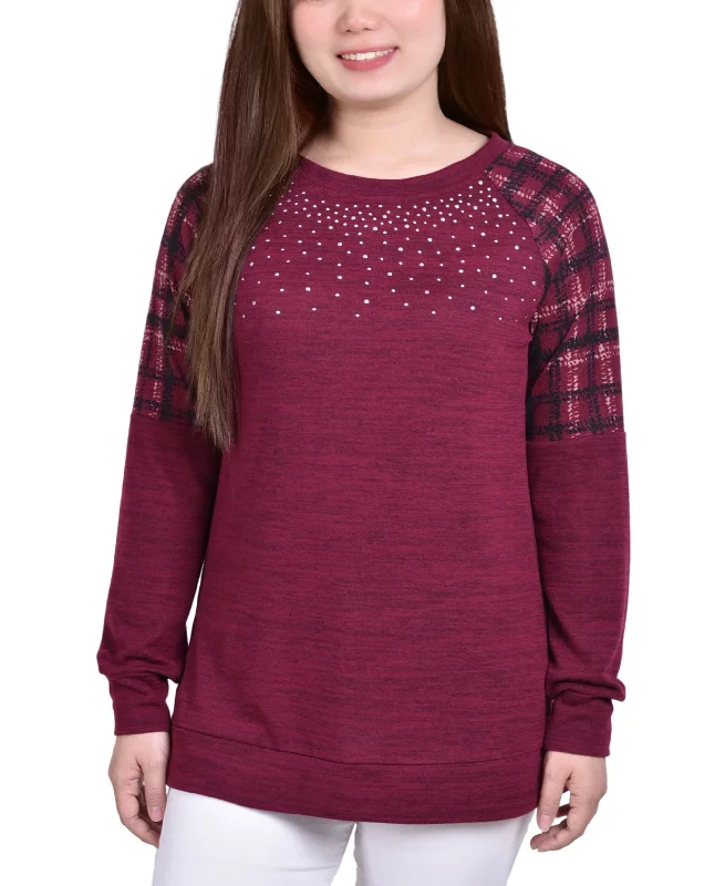 Petite Knit Top With Print Shoulder Insets Warm Knit Tee