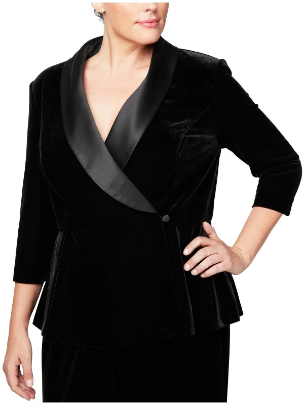 Plus Womens Satin Lapel Velvet One-Button Blazer Women's Elegant Suit