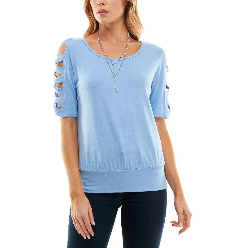 Juniors' Round-Neck Lattice-Elbow-Sleeve Knit Top Affordable Knit Blouse