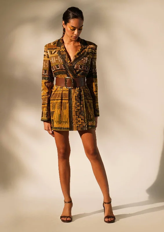 Mustard aztec print short blazer dress Fashion Women's Blazer