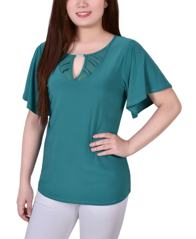 Petite Mesh Flutter Sleeve Knit Top Geometric Knit Tee