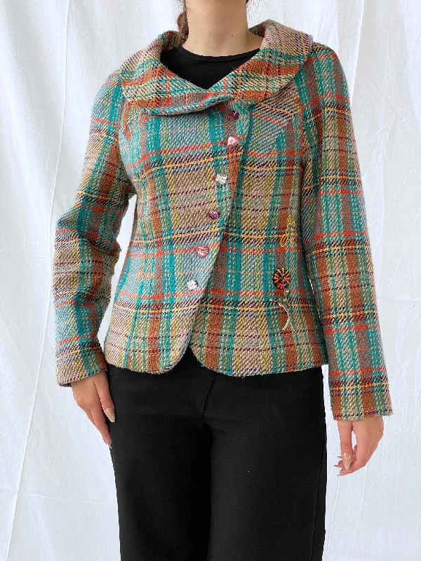 Vintage Rainbow Plaid Whimsy Exaggerated Collar Women’s Blazer - L Women's Short Blazer