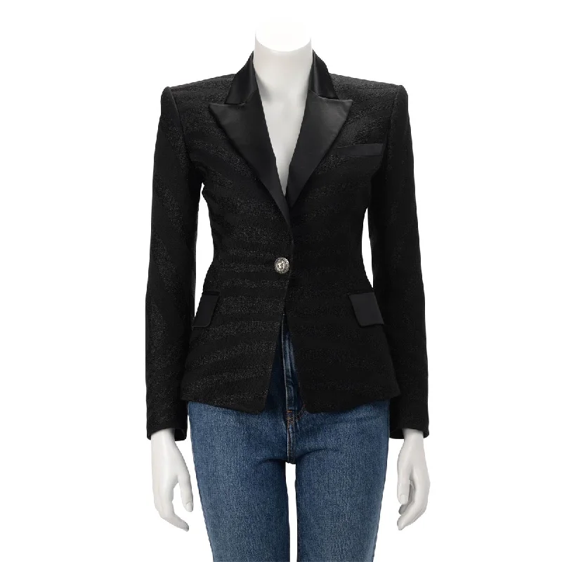 Balmain Black Lurex & Satin Single Breasted Blazer FR 36 Women's Trendy Suit