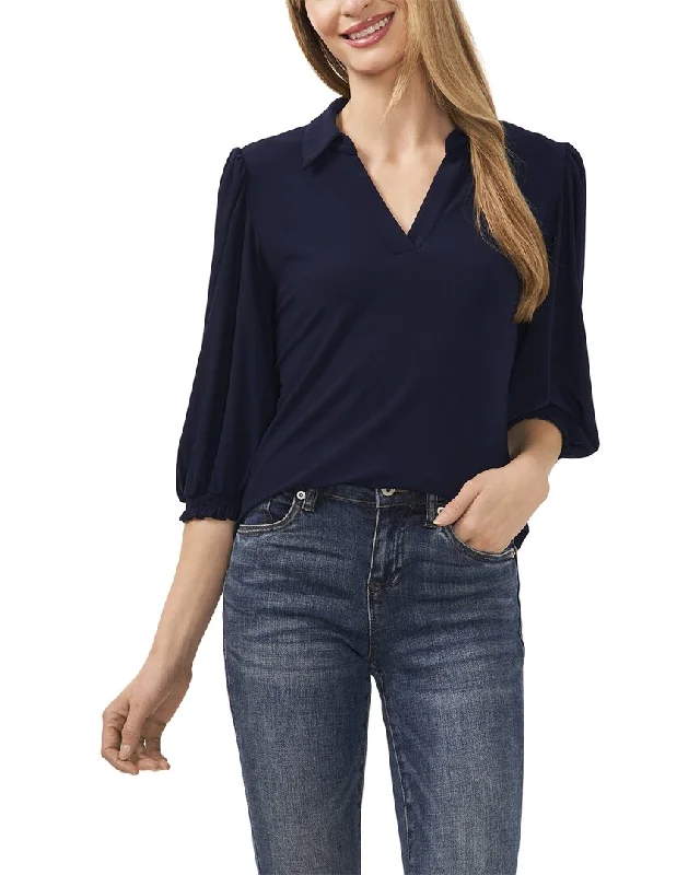 CeCe Split Neck 3/4 Sleeve Knit Top Hemp Knit Blouse