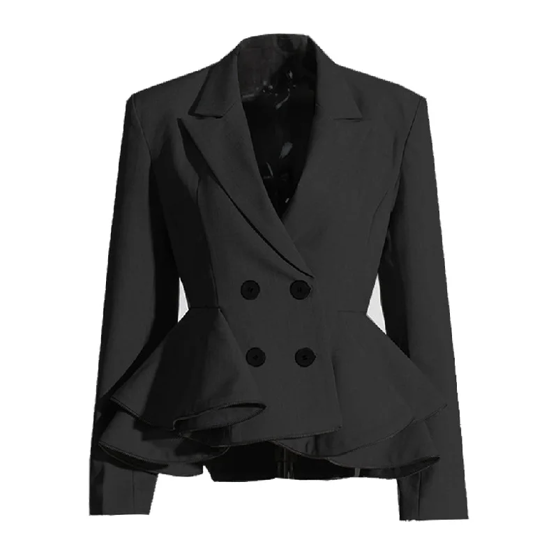 Elegant Lapel Long Sleeve Double Breasted Zip Trim Tiered Peplum Blazer Summer Women's Jacket