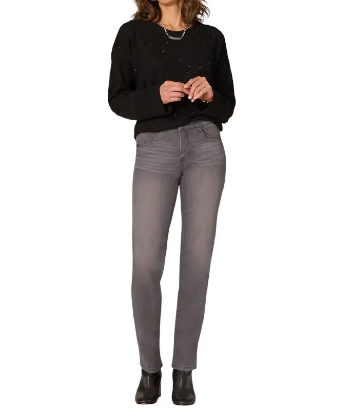 Long Straight Sleeve Scoop Neck Rhinestone Mixed Media Knit Top In Black Solid Color Knit Top