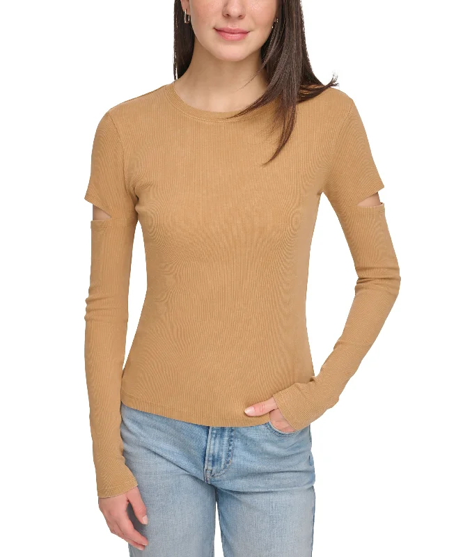 Women's Crewneck Long-Sleeve Cutout Knit Top Mustard Yellow Knit Tee