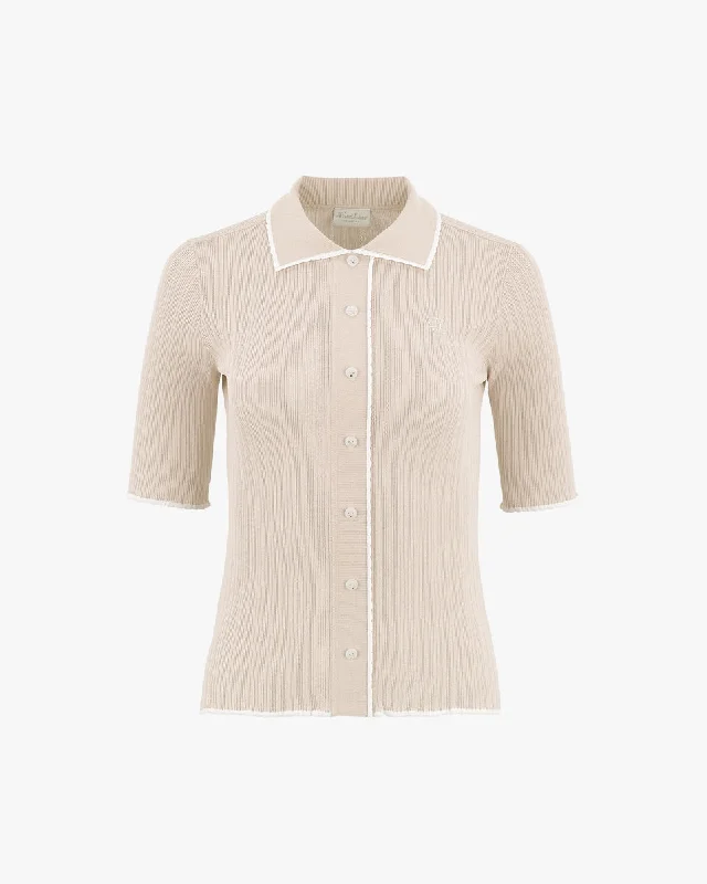 Scallop Collar Cropped Sleeve Knit Top - Beige Turquoise Knit Top