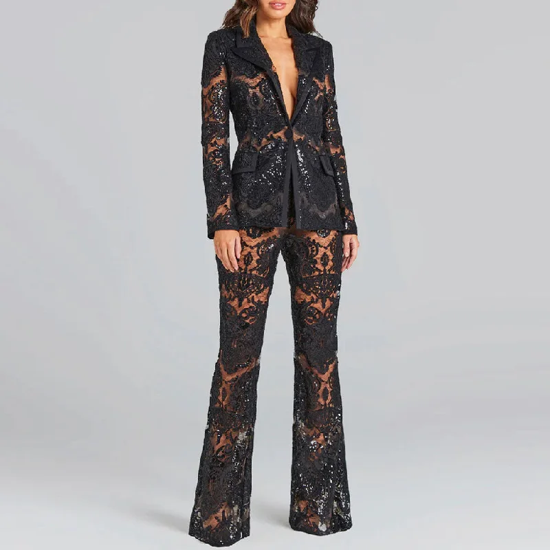 Ornate Floral Embroidered Bootcut Sheer Mesh Sequined Blazer Matching Set Women's Unique Blazer