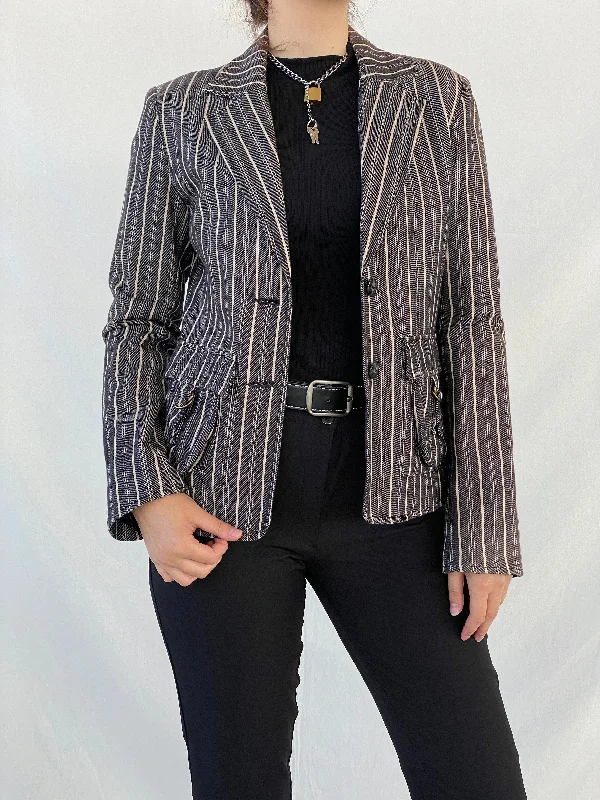 00s Vila Clothes Striped Black and White Women’s Cotton Blazer - L Women's Trendy Blazer