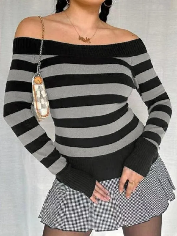 Striped Off Shoulder Knit Top Handmade Knit Blouse