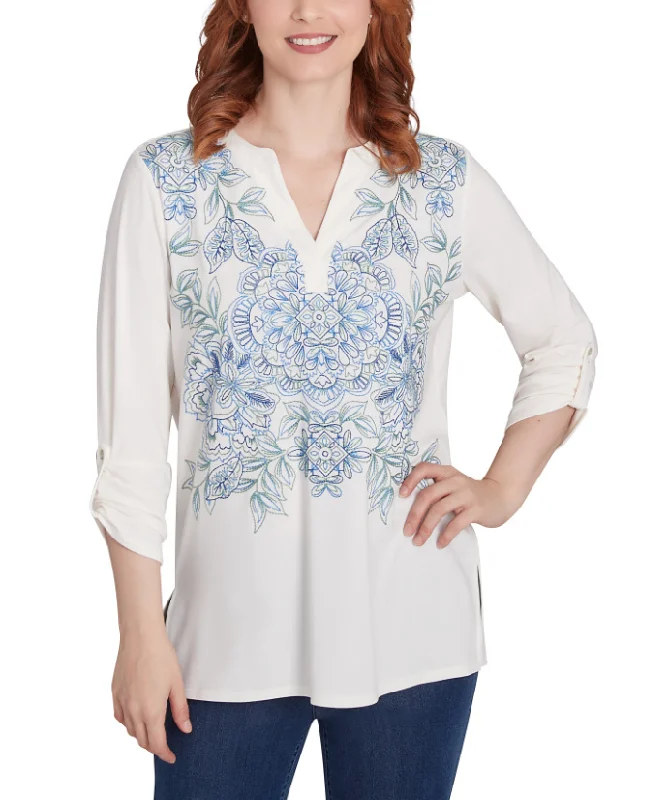 Ruby Rd. Womens Split Neck Embroidered Knit Top Ash Gray Knit Top