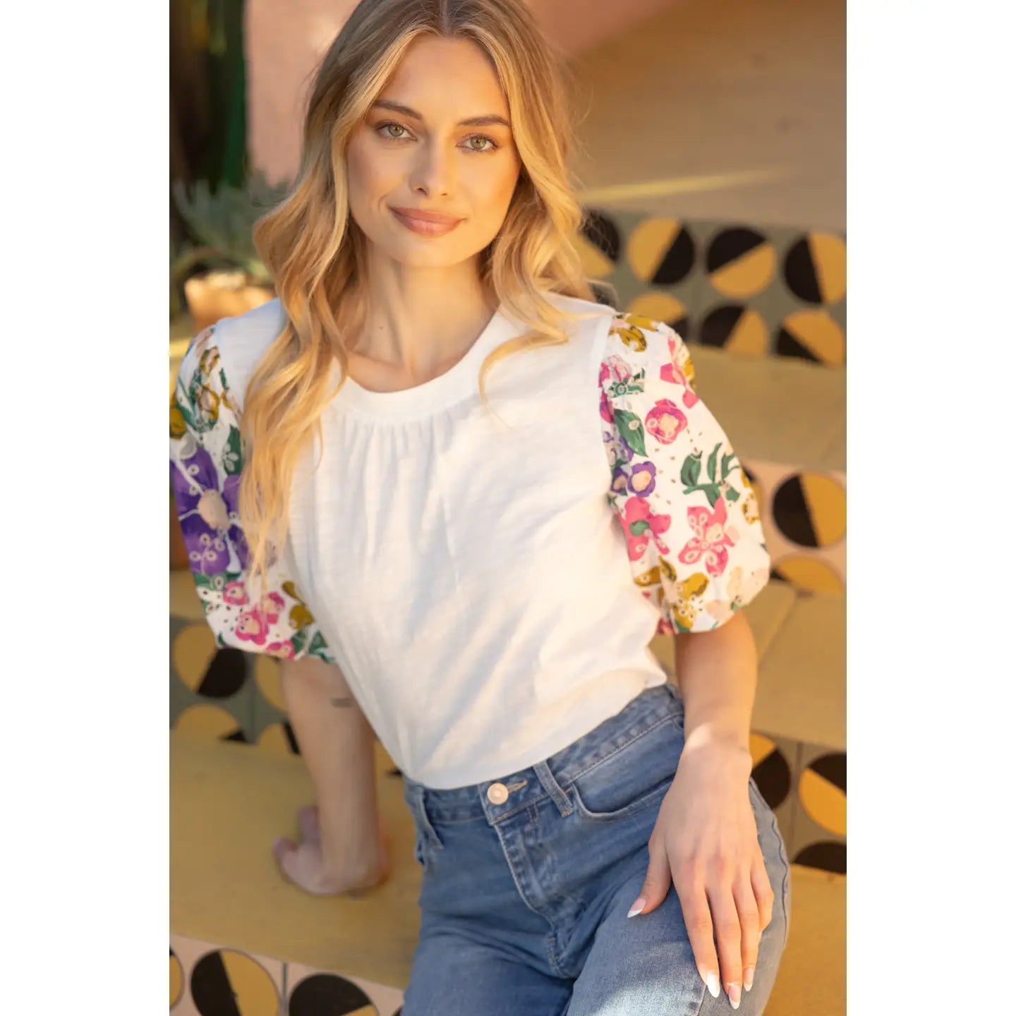 Voy Printed Eyelet Puff Sleeves Knit Top Polo Neck Knit Top