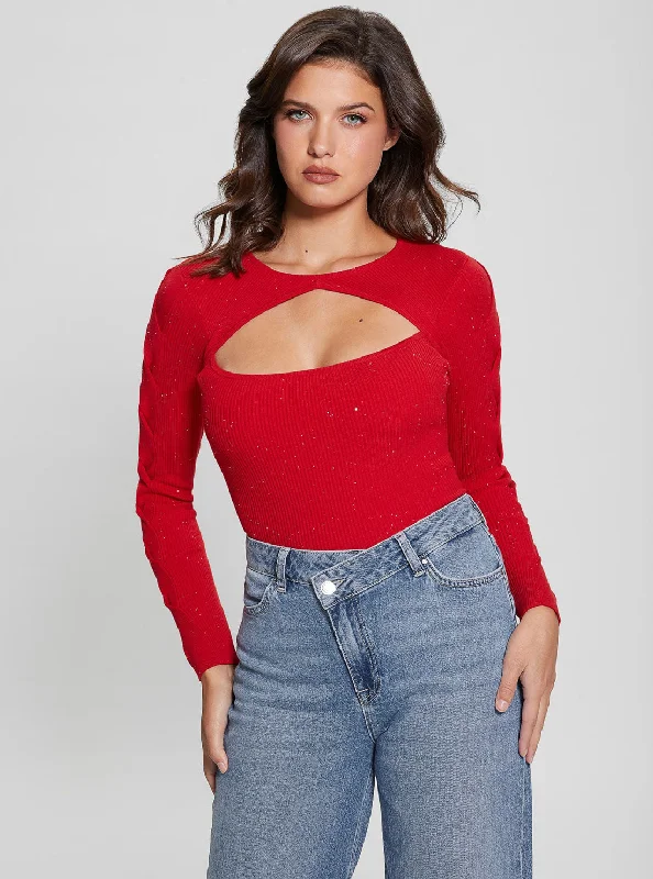 Red Long Sleeves Laurel Knit Top Travel Knit Top