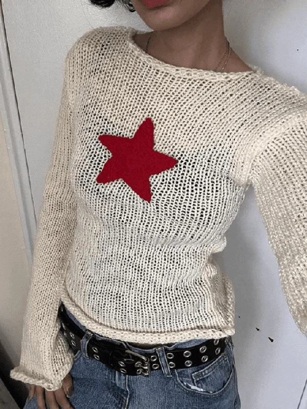 Star Crochet Knit Cropped Knit Top Warm Knit Tee