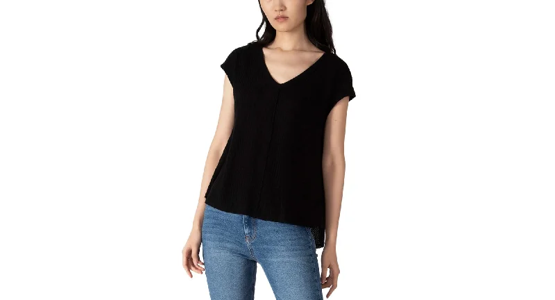Women's V-Neck Waffle-Knit Top Modern Knit Blouse