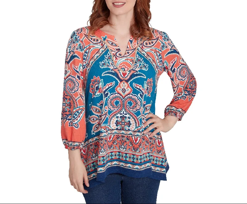 Ruby Rd. Womens Baroque Motif Hatchi Knit Top Bright Color Knit Shirt