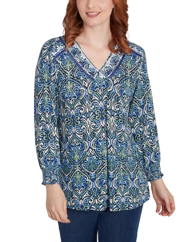 Ruby Rd. Womens Medallion 3/4 Sleeve Knit Top Ruby Red Knit Shirt