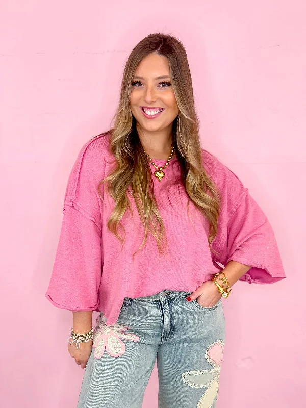 Woven Dream Knit Top - Pink Round Neck Knit Blouse