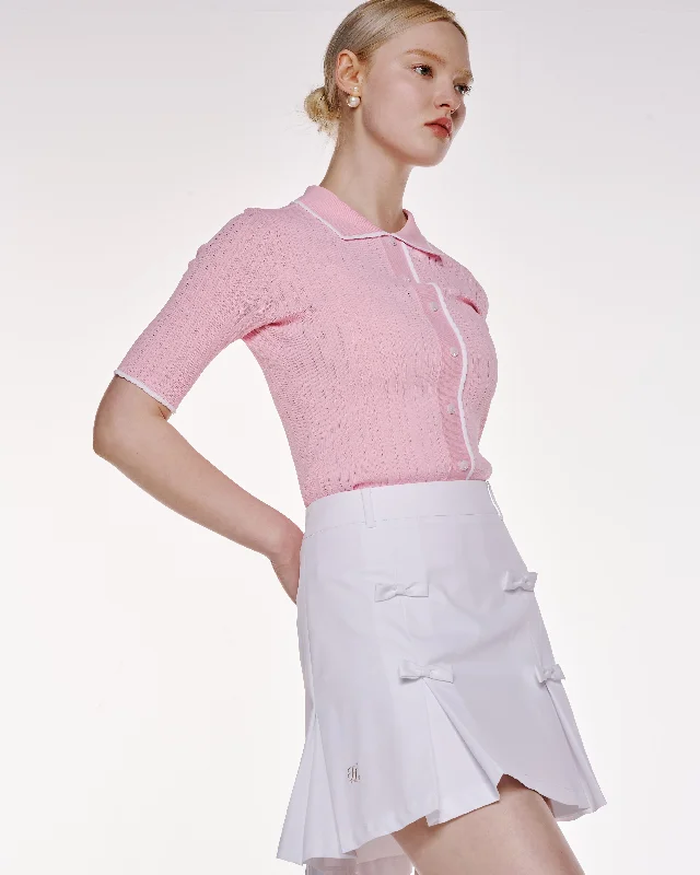 Scallop Collar Cropped Sleeve Knit Top - Pink Mustard Yellow Knit Tee