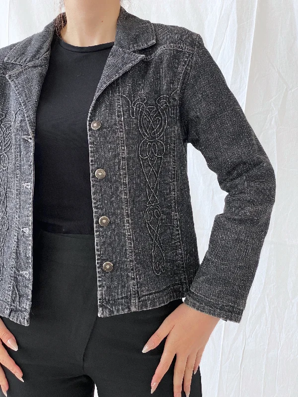 Vintage Minuet Embellished Washed Black Women’s Padded Denim Blazer - L Women's Warm Suit