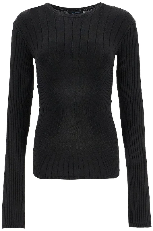 Ribbed Knit Top With Long Sleeves  - Black Maximalist Knit Tee