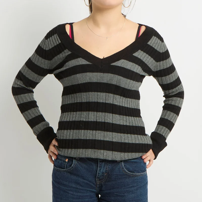 Stripe Ribbed V-Neck Knit Top - UK 10 Turtle Neck Knit Top