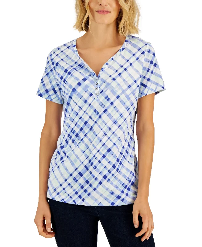 Women's Plaid Relaxed Henley Knit Top Pure White Knit Blouse