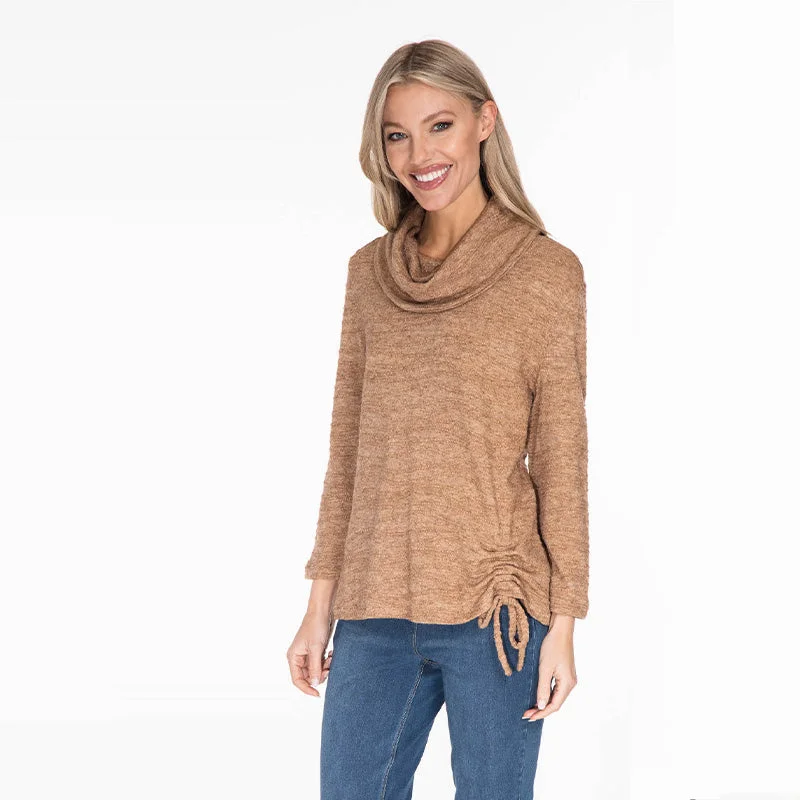 Mocha 3/4 Sleeve Cowl Collar Side Drawstring Solid Texture Stripe Knit Top Modern Knit Blouse