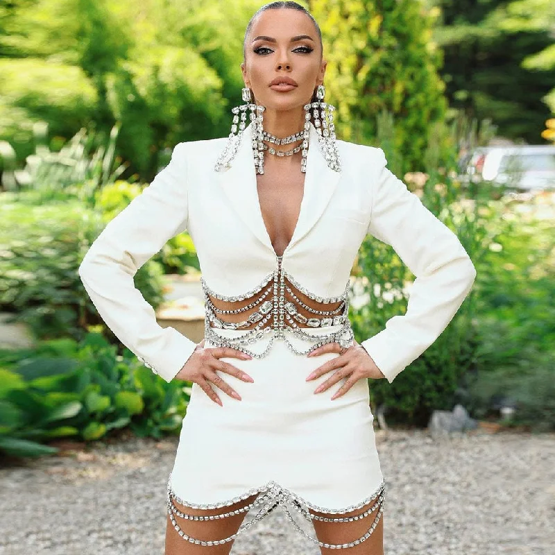 Sparkly Rhinestone Chain High Waist Deep V Blazer Matching Set - White Fashion Women's Blazer