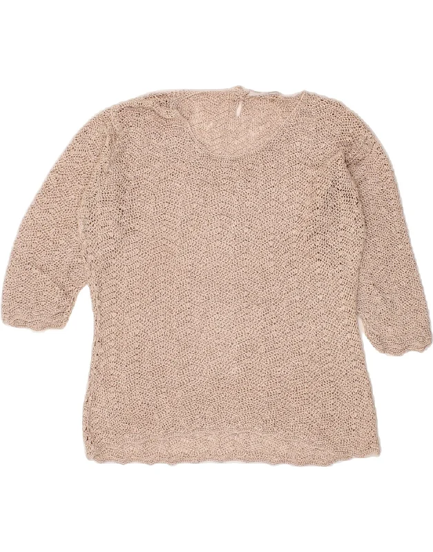 HENNES Womens Knit Top 3/4 Sleeve UK 14 Large Beige Holiday Knit Blouse